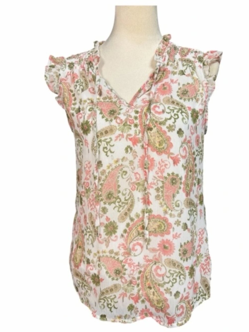Tamara H Paisley Tie-Neck Ruffle Cap Sleeve Blouse - Peach & Green - Size Small